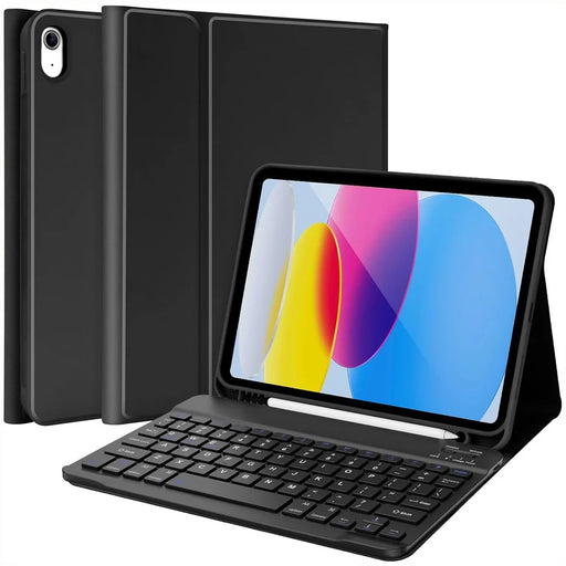 For iPad (2025) / iPad 10.9 (2022) Skin Touch Leather Case Bluetooth-Compatible Keyboard Stand Cover - Black - 1