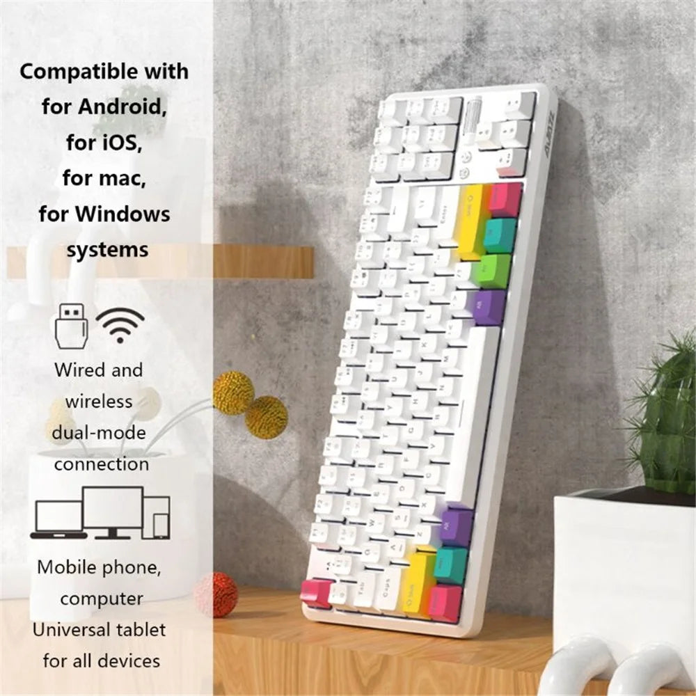 AJAZZ K870T Wired/Wireless Bluetooth-compatible Keyboard 87 Keys Dual Mode Keyboard with RGB Backlight for Phone Laptop - White / Blue Switch - 2
