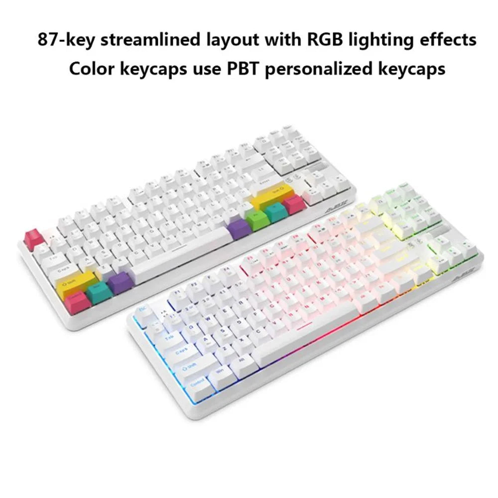 AJAZZ K870T Wired/Wireless Bluetooth-compatible Keyboard 87 Keys Dual Mode Keyboard with RGB Backlight for Phone Laptop - White / Blue Switch - 3