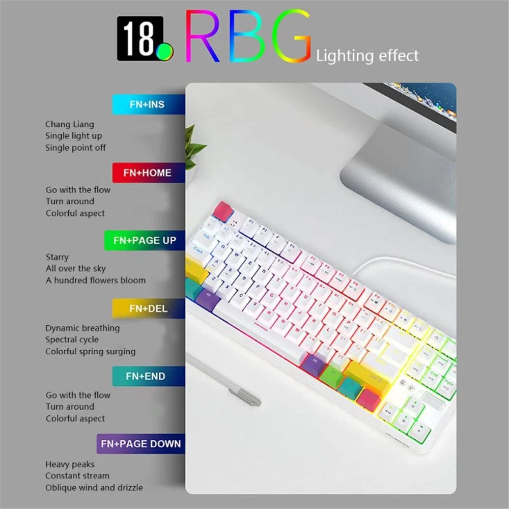 AJAZZ K870T Wired/Wireless Bluetooth-compatible Keyboard 87 Keys Dual Mode Keyboard with RGB Backlight for Phone Laptop - White / Blue Switch - 7