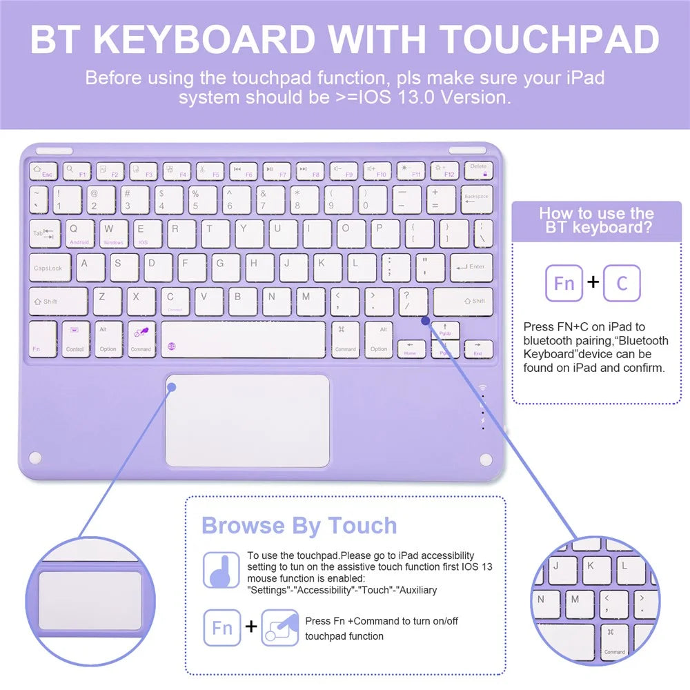 PU Case for iPad 10.2 (2021) / (2020) / (2019) / Pro 10.5-inch (2017) / Air 10.5 inch (2019) Tablet Cover + Bluetooth-Compatible Keyboard - Purple - 2