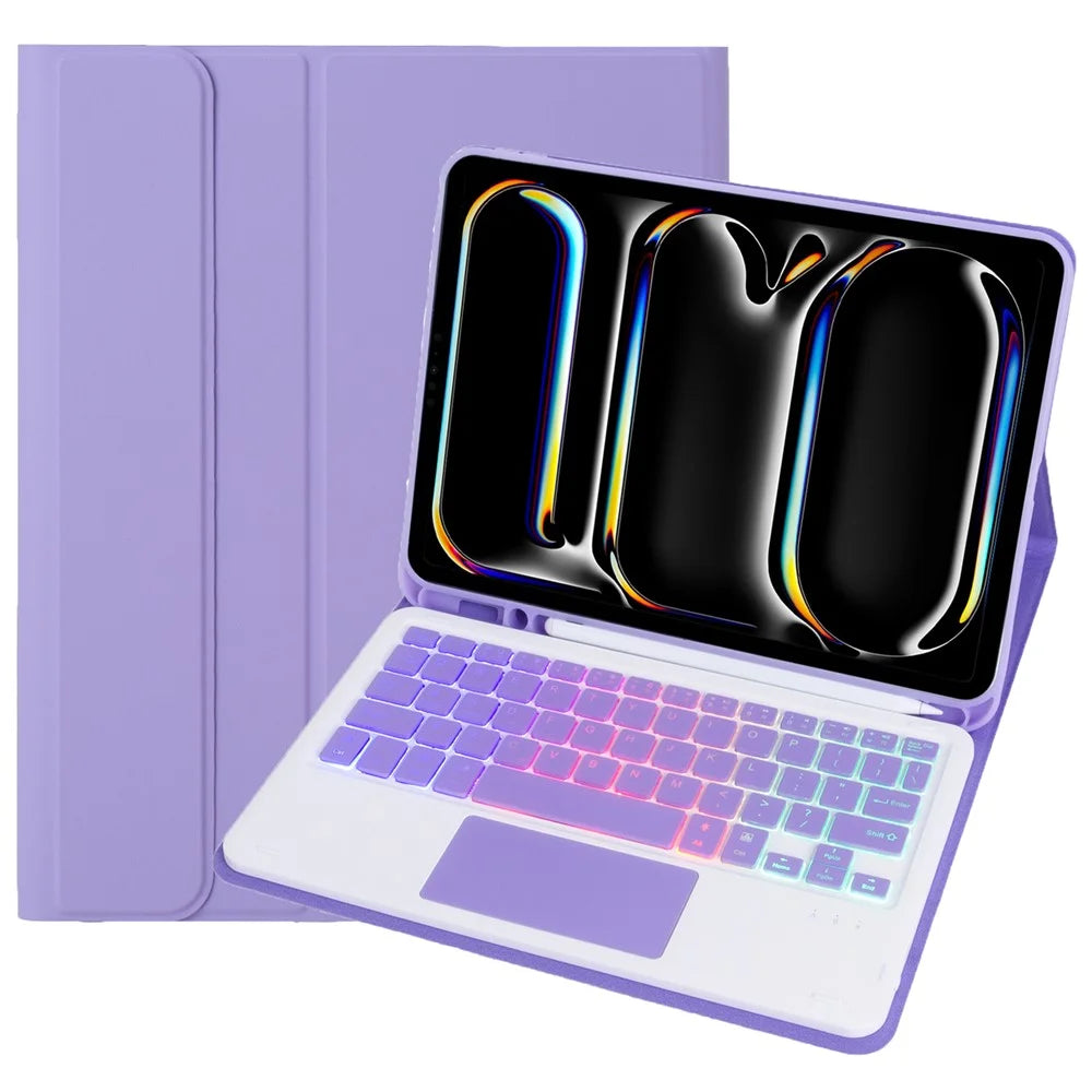 A13B-AS For iPad Pro 11 (2024) Pen Slot Design Leather Tablet Case + Backlit Bluetooth-Compatible Keyboard with Touchpad - Lilac Purple - 1