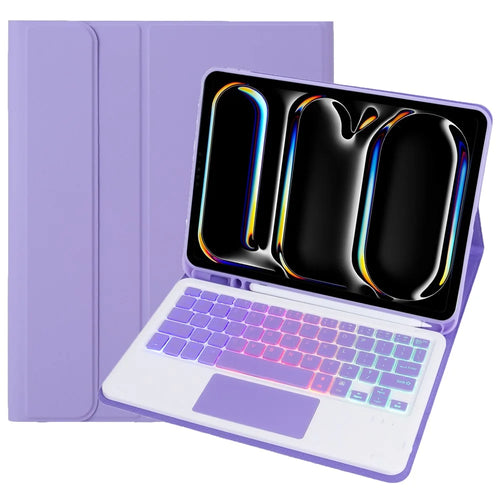 A13B-AS For iPad Pro 11 (2024) Pen Slot Design Leather Tablet Case + Backlit Bluetooth-Compatible Keyboard with Touchpad - Lilac Purple - 1