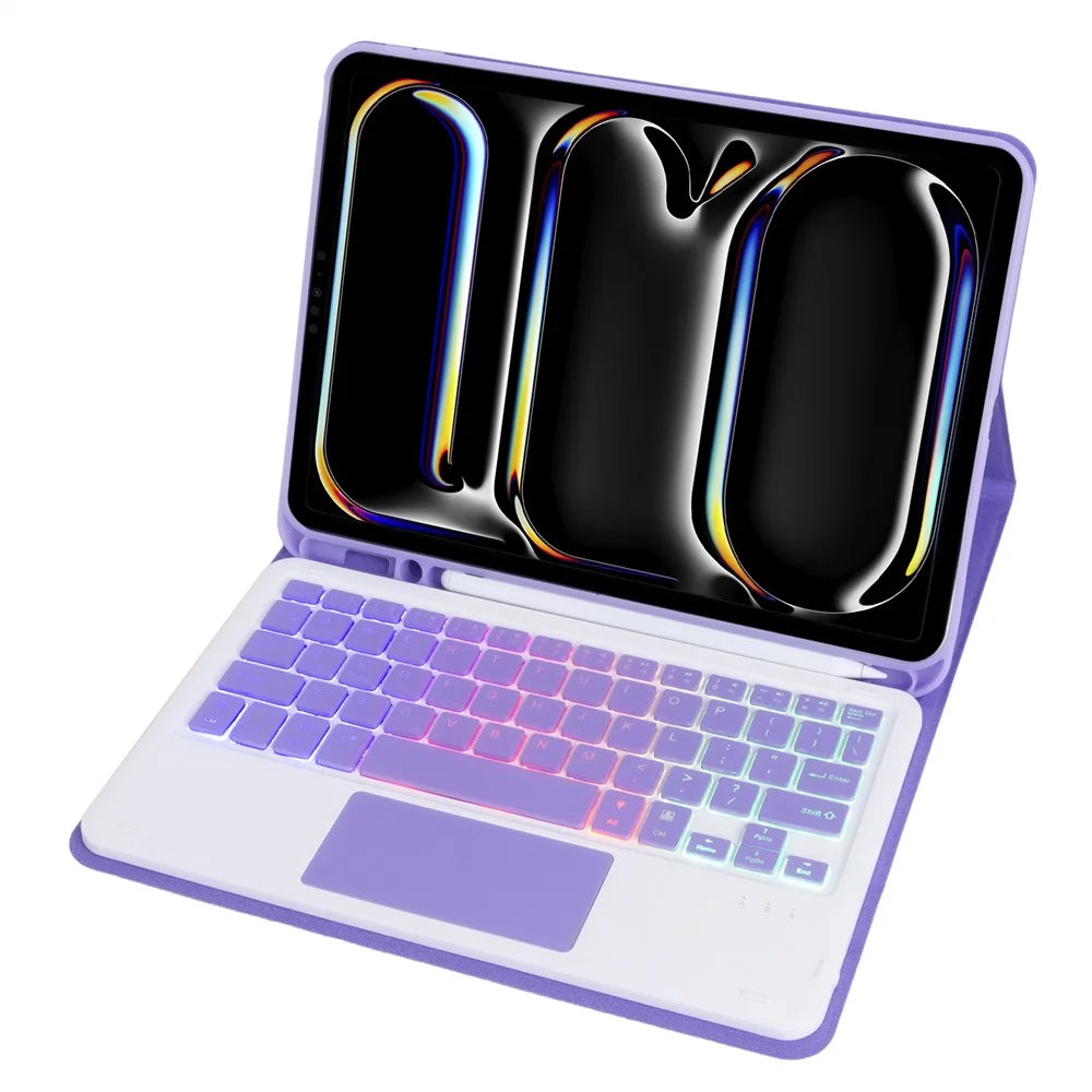 A13B-AS For iPad Pro 11 (2024) Pen Slot Design Leather Tablet Case + Backlit Bluetooth-Compatible Keyboard with Touchpad - Lilac Purple - 2