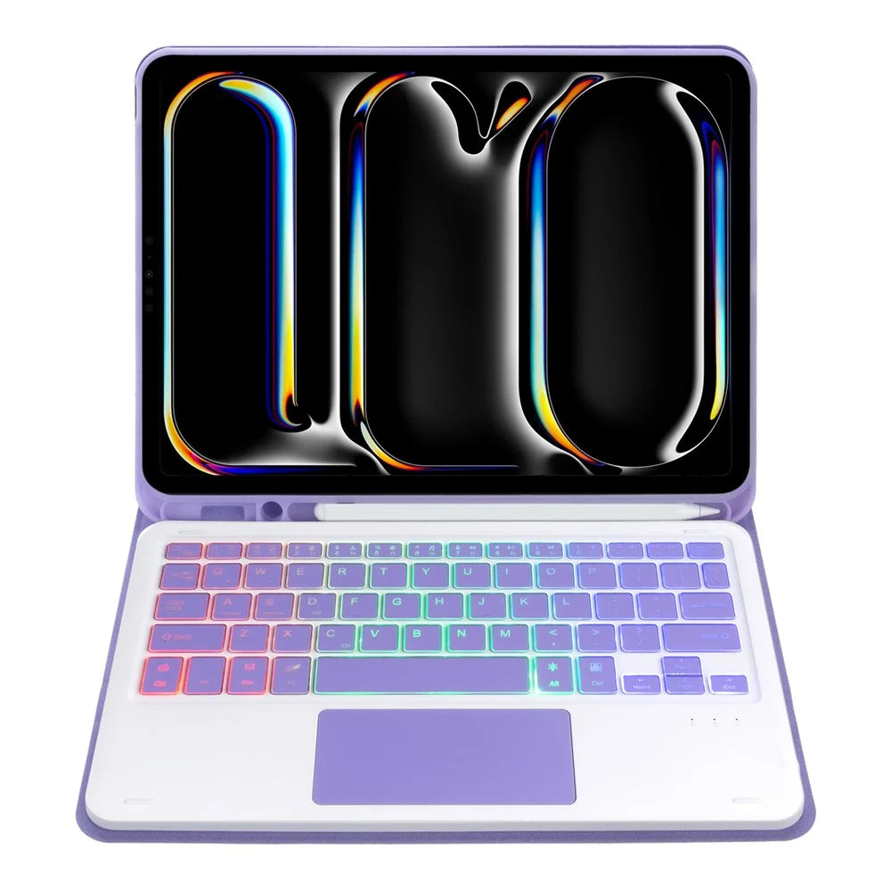 A13B-AS For iPad Pro 11 (2024) Pen Slot Design Leather Tablet Case + Backlit Bluetooth-Compatible Keyboard with Touchpad - Lilac Purple - 3