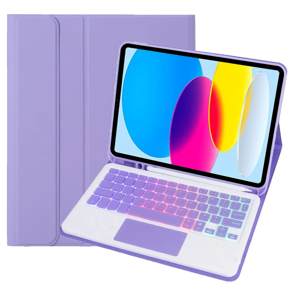 A10B-AS For iPad (2025) / 10.9 (2022) Pen Slot Design Leather Tablet Case + Backlit Bluetooth-Compatible Keyboard with Touchpad - Lilac Purple - 1