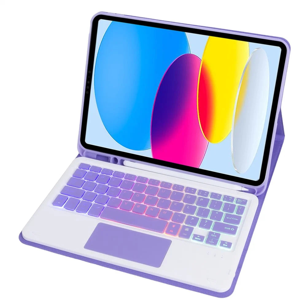 A10B-AS For iPad (2025) / 10.9 (2022) Pen Slot Design Leather Tablet Case + Backlit Bluetooth-Compatible Keyboard with Touchpad - Lilac Purple - 2