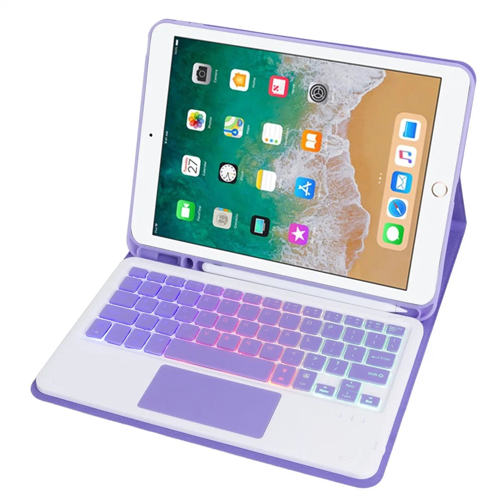 A07B-AS Backlit Keyboard For iPad 9.7-inch (2018) / (2017) / Pro 9.7 inch (2016) / Air 2 / Air (2013) Leather Case + Keyboard with Touchpad - Lilac Purple - 2