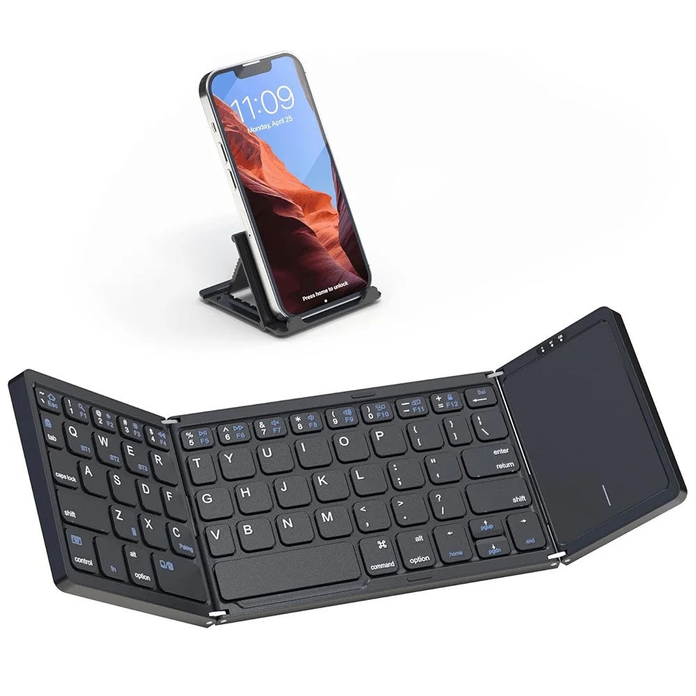 B089T Pocket Size Tri-fold Touchpad Bluetooth-compatible Keyboard for Android  /  Windows  /  iOS, with Phone Bracket - Black - 1