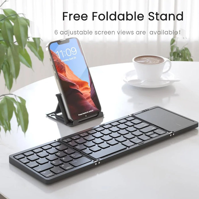B089T Pocket Size Tri-fold Touchpad Bluetooth-compatible Keyboard for Android  /  Windows  /  iOS, with Phone Bracket - Black - 2