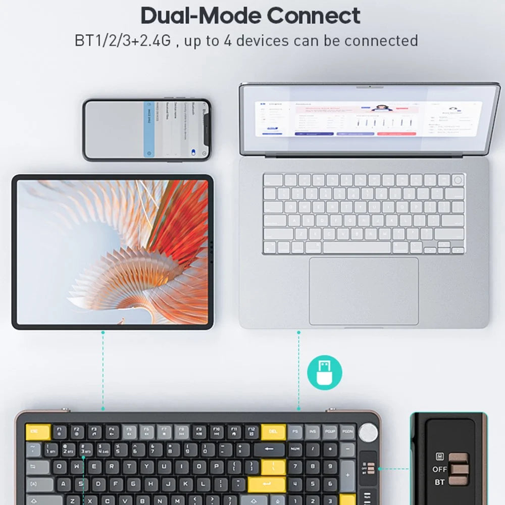 IMICE AN-800 99 Keys 2.4G + Bluetooth-compatible Wireless Keyboard Scissor Switch Rechargeable Keyboard - Black+Grey+Yellow - 3