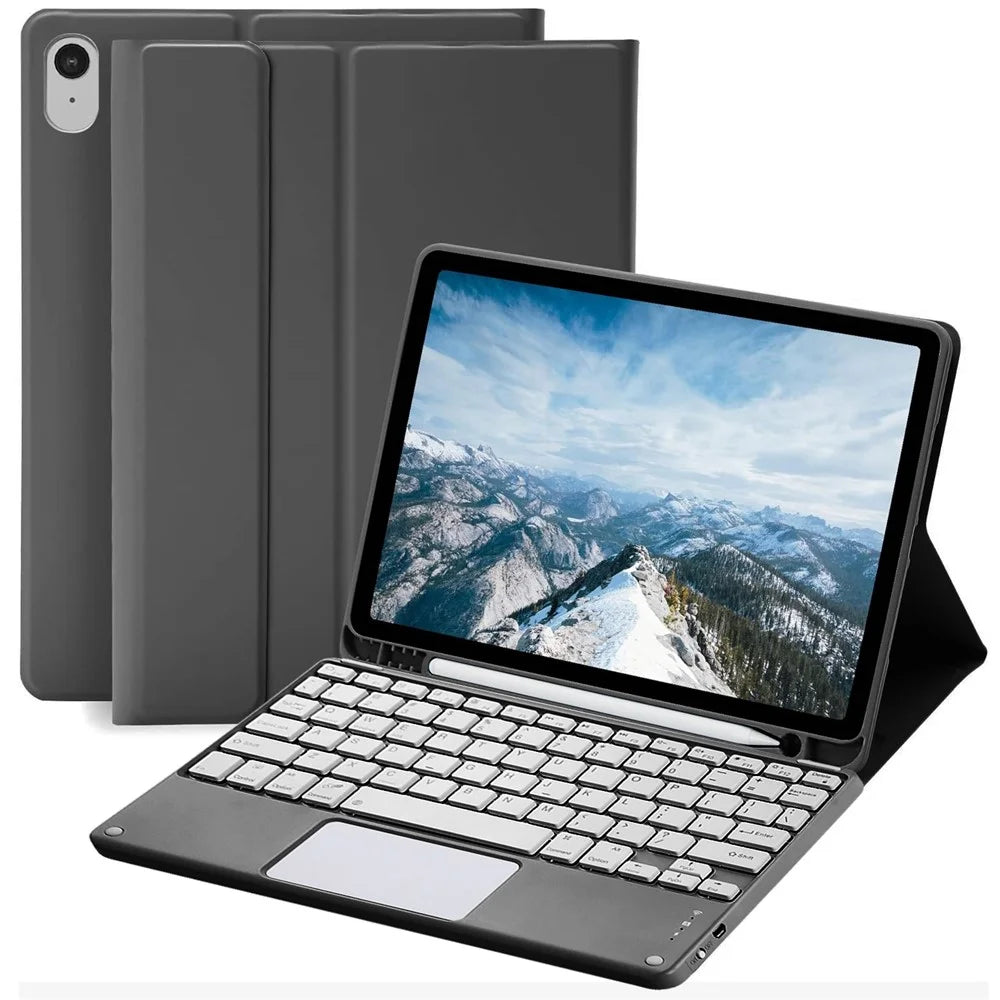 For iPad (2025)  /  iPad 10.9 (2022) Skin-touch Leather Protective Case with X7 Touchpad Bluetooth-compatible Keyboard - Black - 1