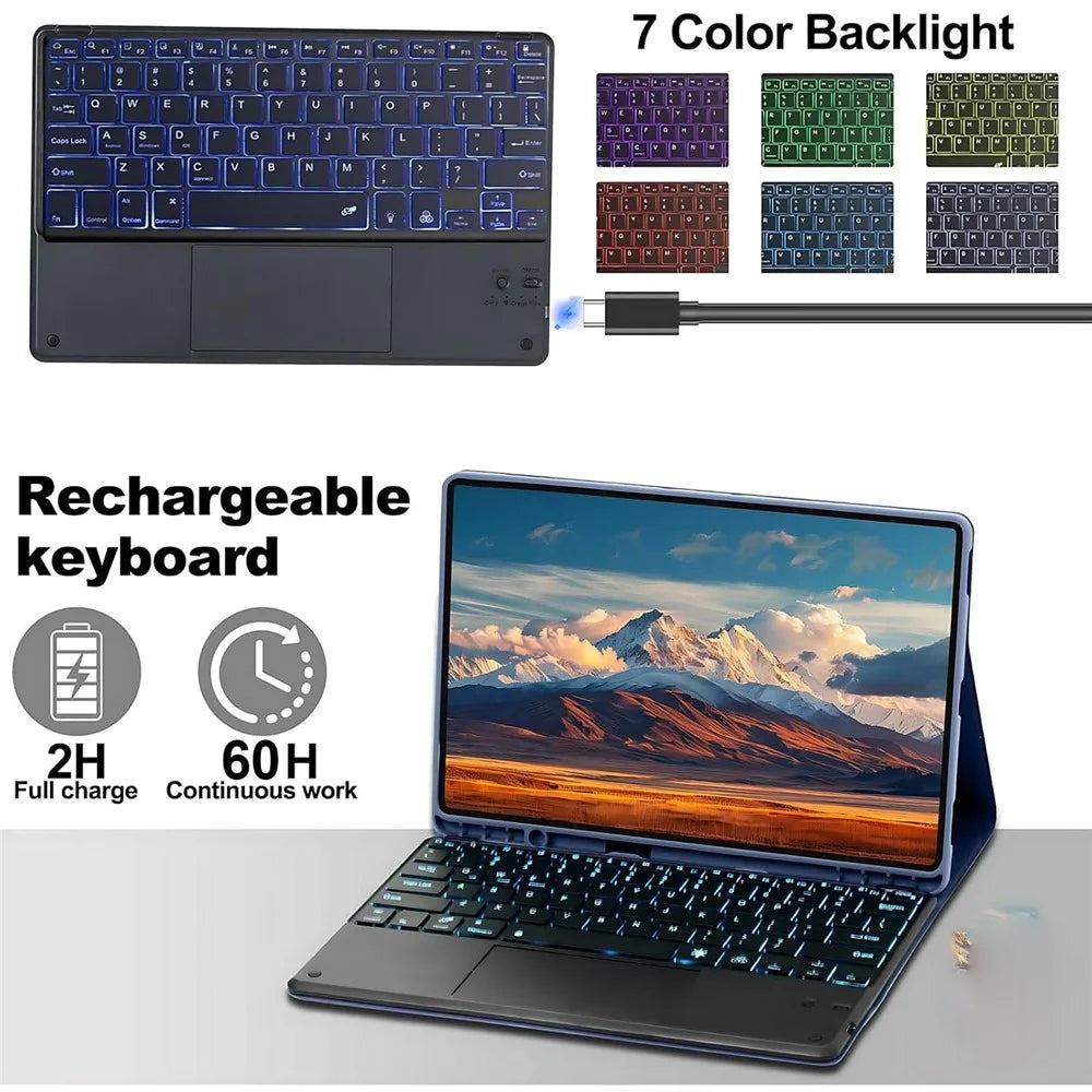 For Samsung Galaxy Tab S10 FE+ Stand Case Bluetooth-compatible Touchpad Keyboard with 7-Color Backlit - Purple - 2