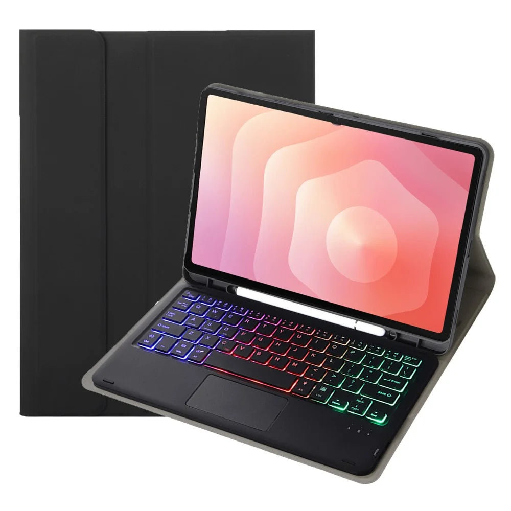 A730B-AS For Samsung Galaxy Tab S11 Detachable Leather Case Bluetooth-Compatible Touchpad Keyboard with Backlit and Pen Slot - Black - 1
