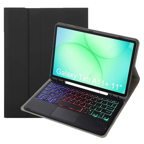A240B-AS For Samsung Galaxy Tab A11+ Detachable Leather Case Bluetooth-Compatible Touchpad Keyboard with Backlit and Pen Slot - Black - 1