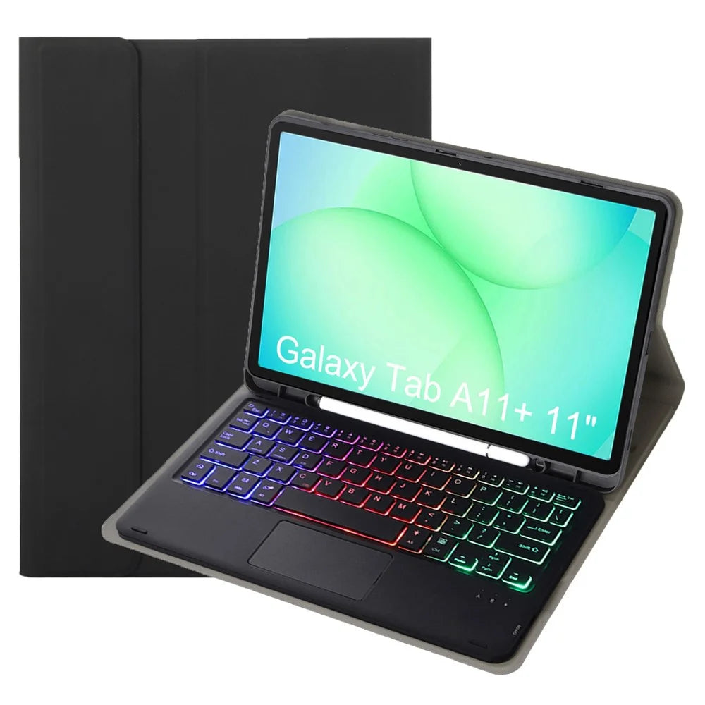A240B-AS For Samsung Galaxy Tab A11+ Detachable Leather Case Bluetooth-Compatible Touchpad Keyboard with Backlit and Pen Slot - Black - 1