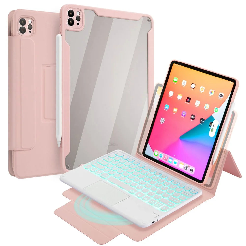 Separable Leather Case Touchpad Bluetooth-compatible Keyboard with Colorful Backlit for iPad Pro 12.9 (2018) (2020) (2021) - Pink - 1