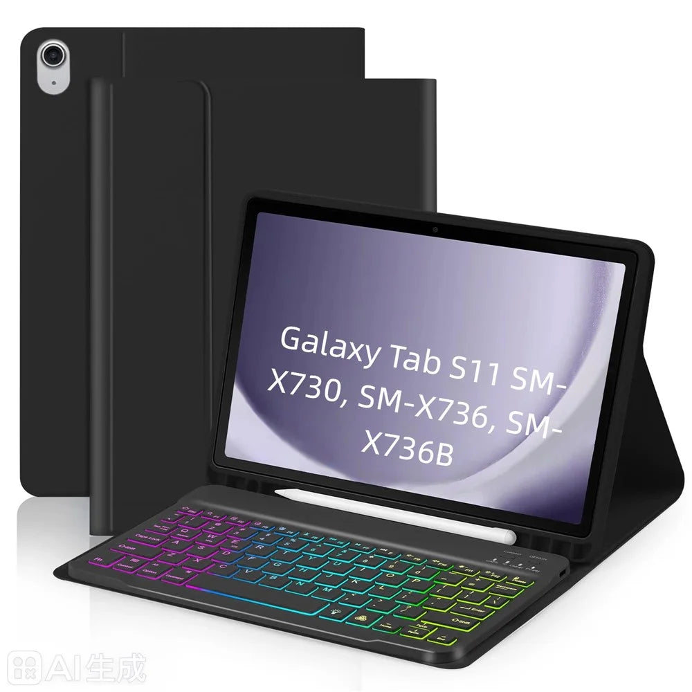 RGB-S11 For Samsung Galaxy Tab S11 Bluetooth-compatible Keyboard PU Leather Stand Case with RGB Backlit - Black - 1