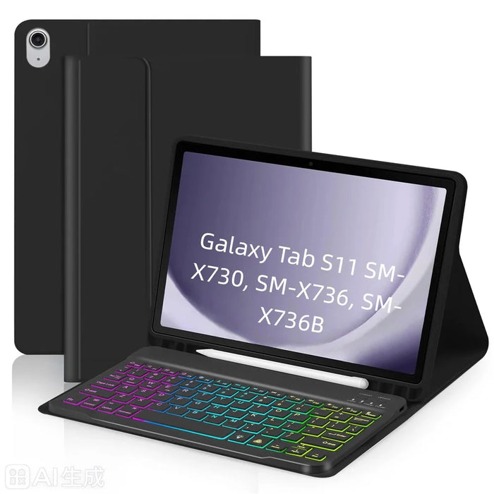 RGB-S11 For Samsung Galaxy Tab S11 Bluetooth-compatible Keyboard PU Leather Stand Case with RGB Backlit - Black - 1