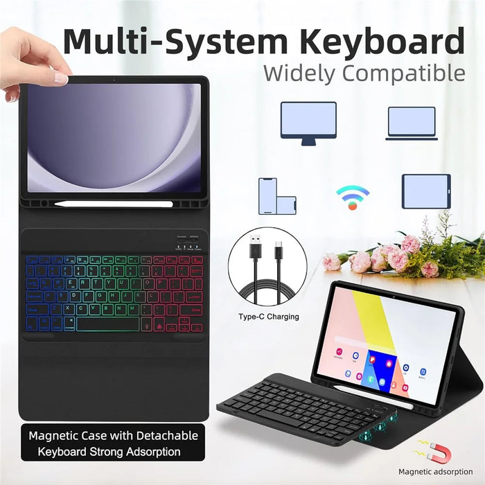 RGB-S11 For Samsung Galaxy Tab S11 Bluetooth-compatible Keyboard PU Leather Stand Case with RGB Backlit - Black - 3