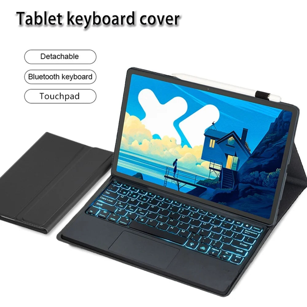 AM26-AS For Lenovo Xiaoxin Pad Pro 12.7 (2025) / Idea Tab Pro Slim Thin Leather Case + Touchpad Backlit Bluetooth-Compatible Keyboard - Black - 2