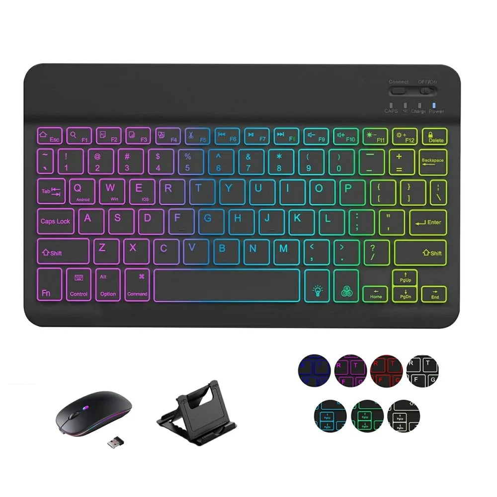 Bluetooth-Compatible Keyboard Mouse Set 7-Color Backlit Combo with Stand for Tablet Laptop - Black - 1