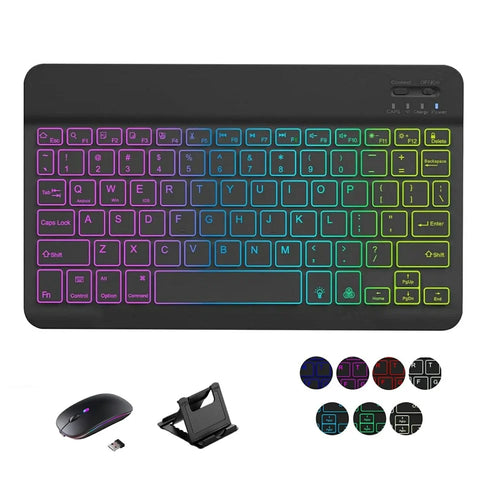 Bluetooth-Compatible Keyboard Mouse Set 7-Color Backlit Combo with Stand for Tablet Laptop - Black - 1