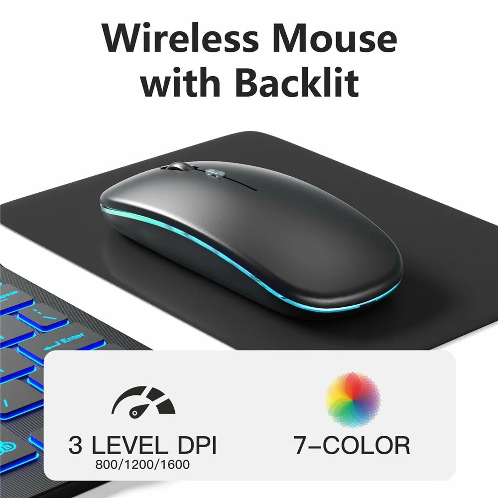 Bluetooth-Compatible Keyboard Mouse Set 7-Color Backlit Combo with Stand for Tablet Laptop - Black - 6
