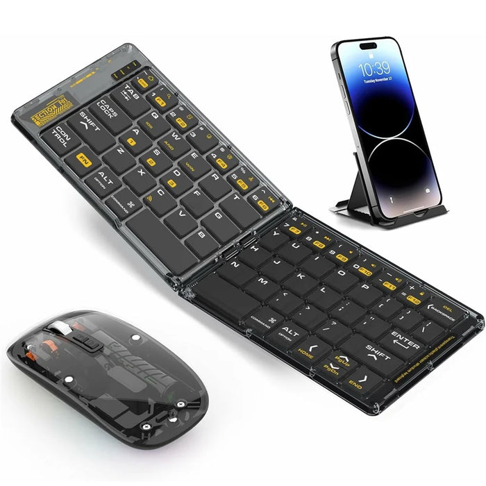 F01C Mini Foldable Bluetooth-compatible Keyboard Mouse Set with Phone Stand Rechargeable Wireless Triple Device Connection Keyboard Mouse - Black - 1