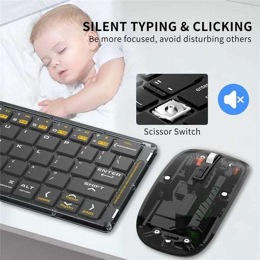 F01C Mini Foldable Bluetooth-compatible Keyboard Mouse Set with Phone Stand Rechargeable Wireless Triple Device Connection Keyboard Mouse - Black - 2