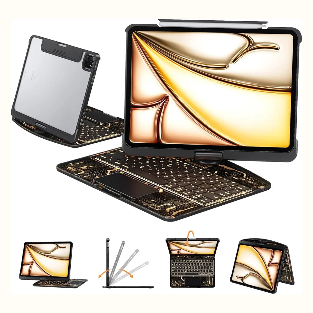 IFACEMALL XT-01 For iPad Pro 11 (2025)/(2024) 7-Color Backlit 360 Degree Dual-Axis Rotatable Bluetooth-compatible Keyboard Case - Clear Black - 1