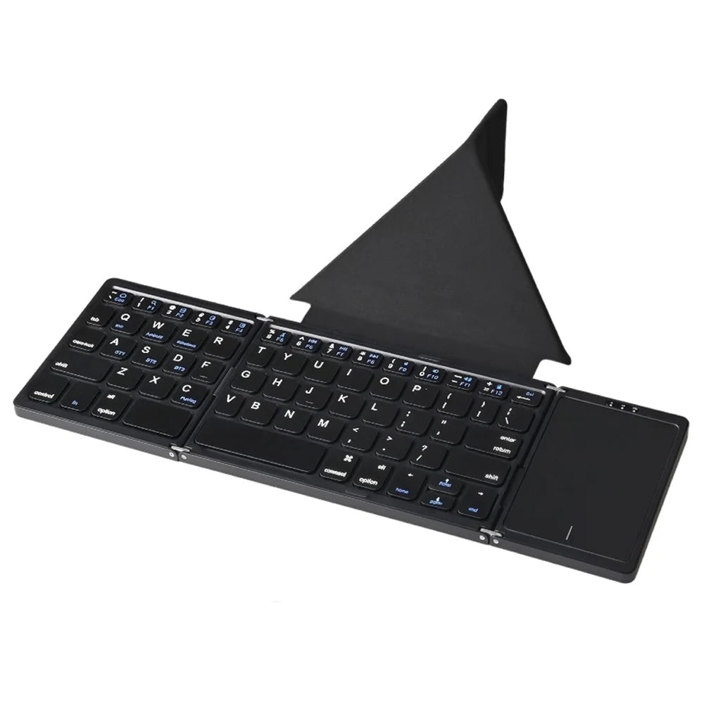 B089T 61-Key Triple-Fold Bluetooth-Compatible Keyboard with Touchpad Built-in Bracket for Phone Tablet PC - Black - 1