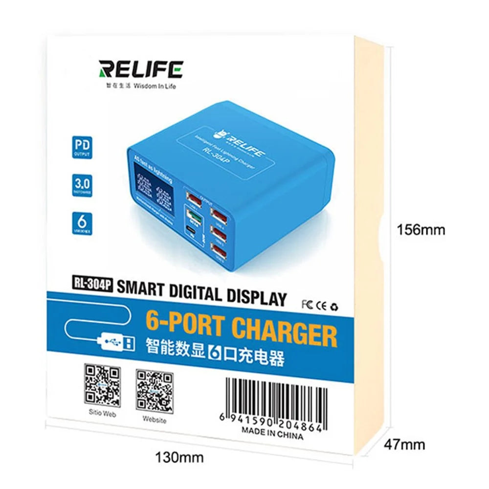 RELIFE RL-304P 6-Port Intelligent QC 3.0 PD Fast Charging Charger with Digital Display - 6