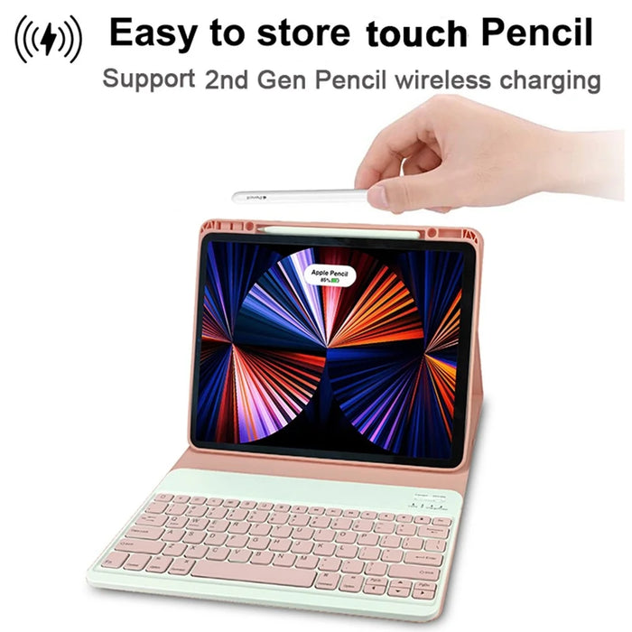 For  iPad Pro 12.9 (2021) / (2020) / (2018) Skin Touch PU Leather Cover Shell + Ultra Slim Square Key Cap Design Wireless Bluetooth-compatible Keyboard Set - Pink - 2