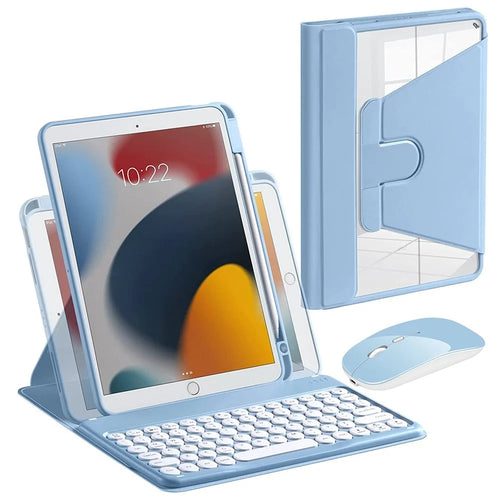 For iPad 10.2 (2019)/(2020)/(2021) 360-Degree Rotation PU Leather Bluetooth-compatible 3.0 Keyboard Shell Set with Transparent Back Plate + Dual-Mode Mouse - Blue - 1