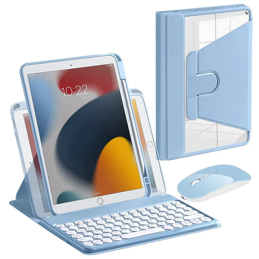 For iPad 10.2 (2019)/(2020)/(2021) 360-Degree Rotation PU Leather Bluetooth-compatible 3.0 Keyboard Shell Set with Transparent Back Plate + Dual-Mode Mouse - Blue - 1