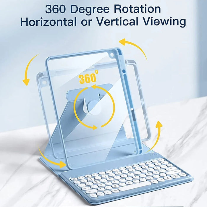 For iPad 10.2 (2019)/(2020)/(2021) 360-Degree Rotation PU Leather Bluetooth-compatible 3.0 Keyboard Shell Set with Transparent Back Plate + Dual-Mode Mouse - Blue - 3