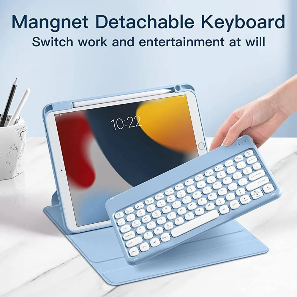 For iPad 10.2 (2019)/(2020)/(2021) 360-Degree Rotation PU Leather Bluetooth-compatible 3.0 Keyboard Shell Set with Transparent Back Plate + Dual-Mode Mouse - Blue - 4