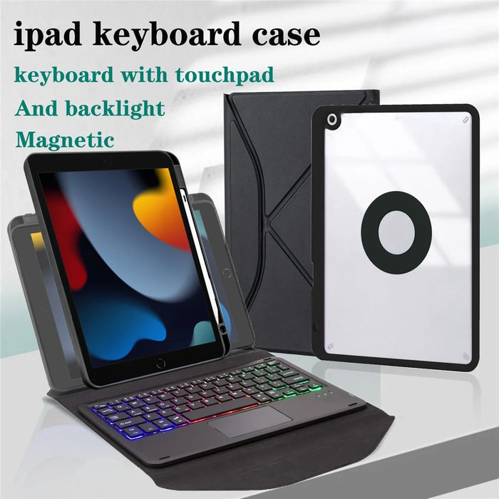 Z102B-AS For iPad 10.2 (2021)/(2019)/(2020) Detachable 3-Color Backlit Bluetooth-compatible Keyboard with TouchPad Protective Case Anti-Drop Tablet Cover Built-in Pencil Slot - Black - 2