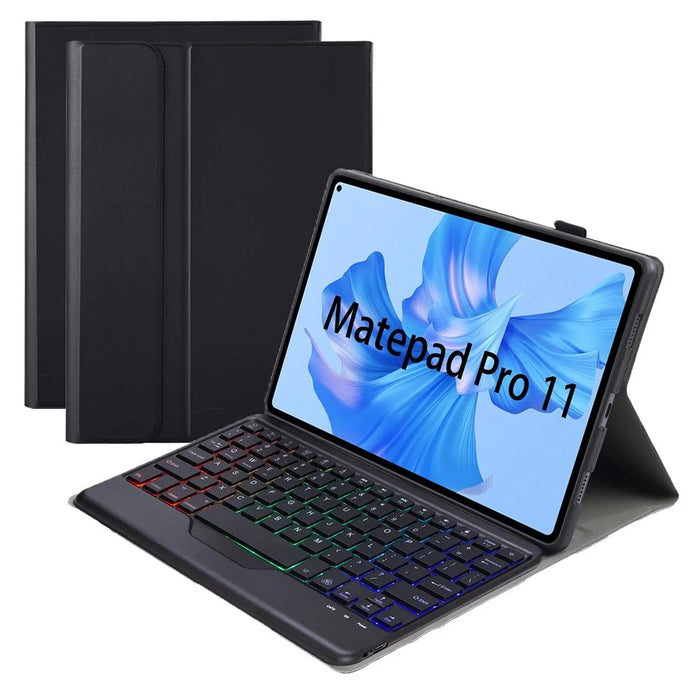 AHW12-BS For Huawei MatePad Pro 11 (2022) Leather Stand Cover Protective Case with Detachable Tri-color Backlight Bluetooth-compatible Keyboard - Black - 1