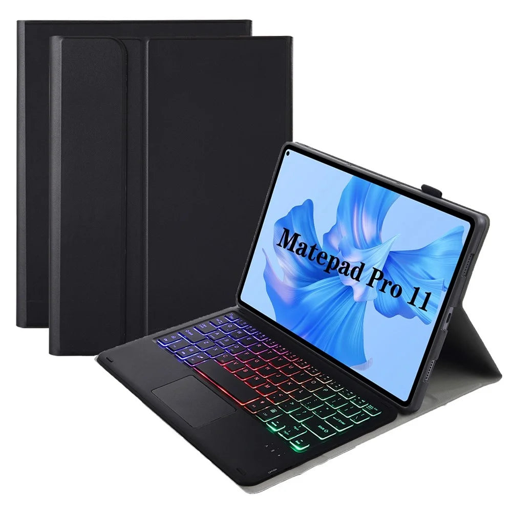 AHW12-AS For Huawei MatePad Pro 11 (2022) 3-Color Backlit Bluetooth-compatible Keyboard with TouchPad PU Leather+TPU Anti-Fall Case - Black - 1