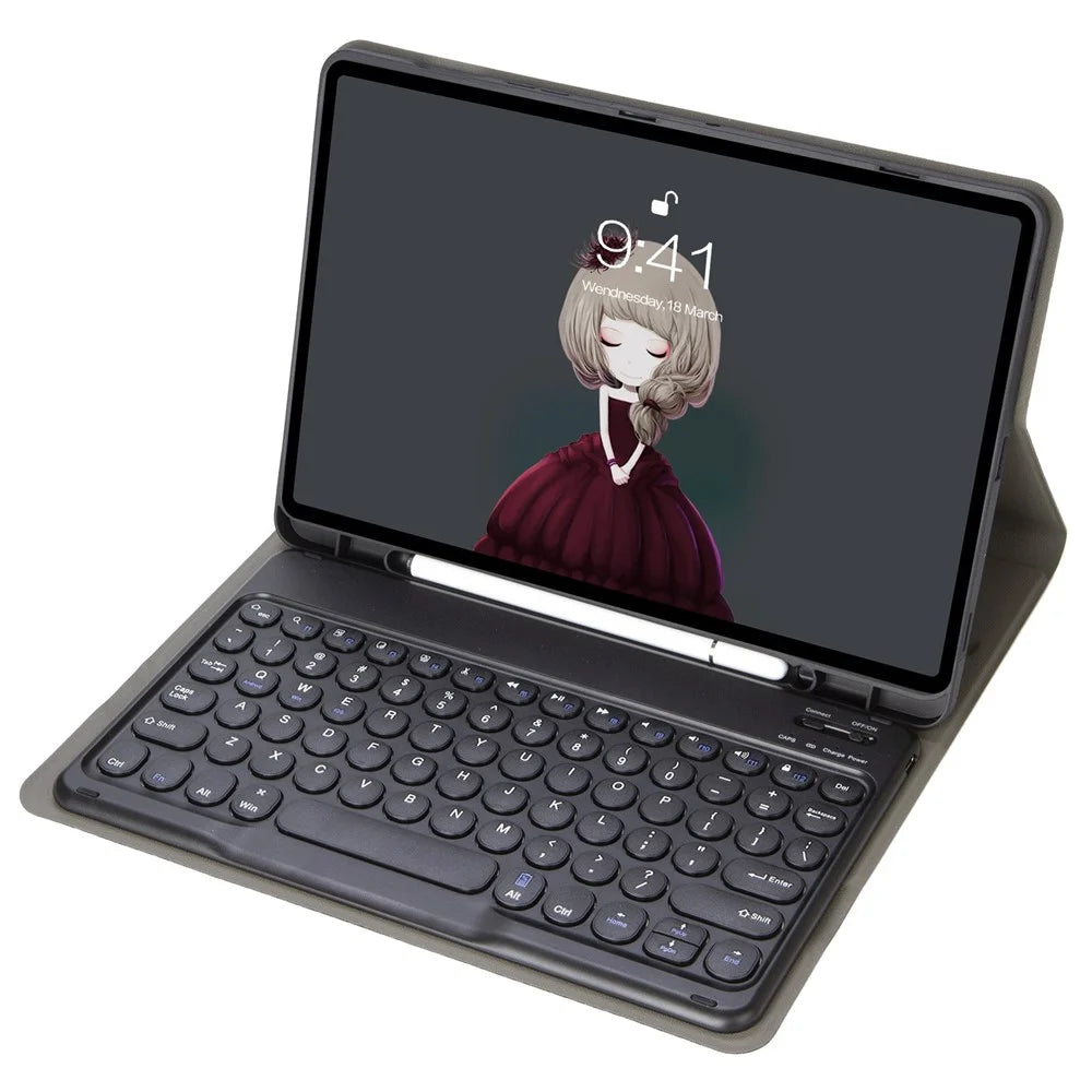 YT07B For iPad Air (2013) / Air 2  /  iPad 9.7-inch (2017) / (2018) / iPad Pro 9.7 inch (2016) Protective Case with Round Keys Bluetooth-compatible Keyboard Shockproof Stand Leather Cover with Pen Slot - Black - 1