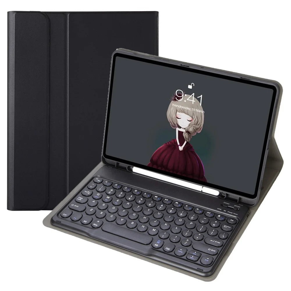 YT07B For iPad Air (2013) / Air 2  /  iPad 9.7-inch (2017) / (2018) / iPad Pro 9.7 inch (2016) Protective Case with Round Keys Bluetooth-compatible Keyboard Shockproof Stand Leather Cover with Pen Slot - Black - 3