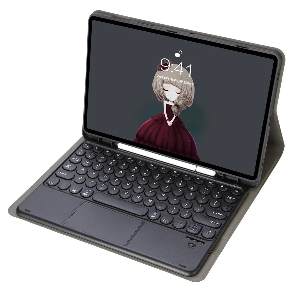 YT07B-A For iPad Air (2013) / Air 2  /  iPad 9.7-inch (2017) / (2018) / iPad Pro 9.7 inch (2016) TouchPad Bluetooth-compatible Keyboard + Shockproof Stand Case with Pen Slot - Black - 1