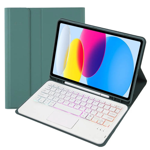 A10B-AS for iPad (2025) / 10.9 (2022) Leather + TPU Tablet Foldable Stand Cover with Touchpad Bluetooth-Compatible Keyboard - Dark Green - 1