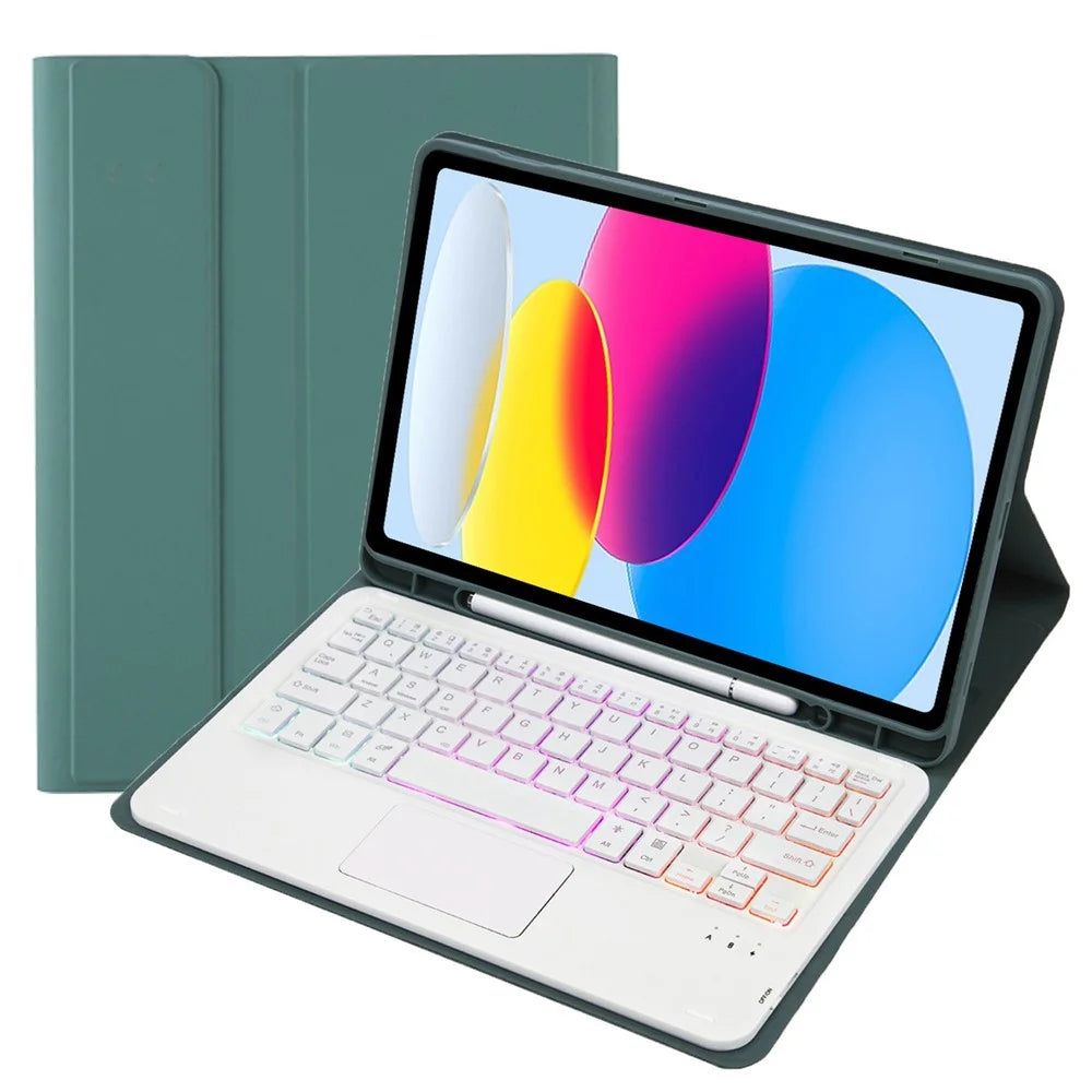 A10B-AS for iPad (2025) / 10.9 (2022) Leather + TPU Tablet Foldable Stand Cover with Touchpad Bluetooth-Compatible Keyboard - Dark Green - 1