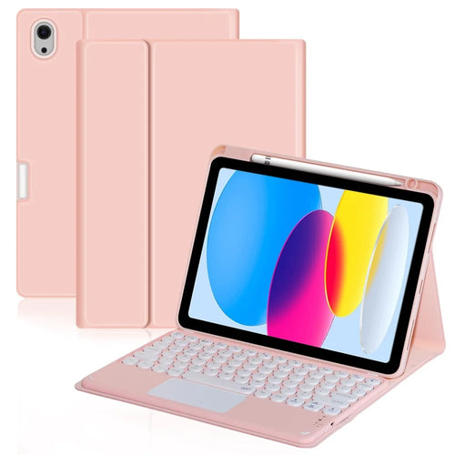 For iPad (2025) / 10.9 (2022) Pen Slot Design Tablet Stand Case Skin-Touch PU Leather Cover + Bluetooth-Compatible Keyboard with Touchpad - Pink - 1