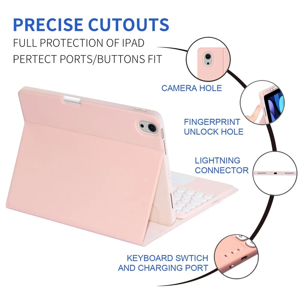 For iPad (2025) / 10.9 (2022) Pen Slot Design Tablet Stand Case Skin-Touch PU Leather Cover + Bluetooth-Compatible Keyboard with Touchpad - Pink - 4