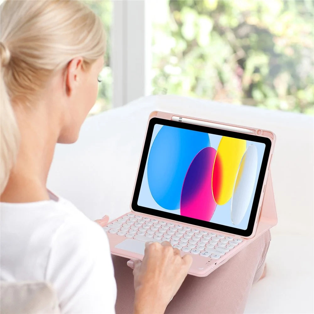 For iPad (2025) / 10.9 (2022) Pen Slot Design Tablet Stand Case Skin-Touch PU Leather Cover + Bluetooth-Compatible Keyboard with Touchpad - Pink - 5