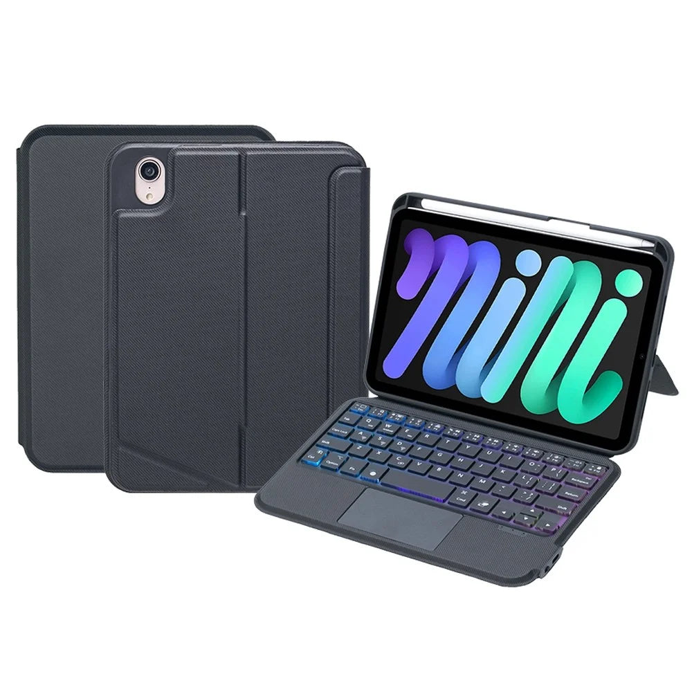 T06-AS for iPad mini (2024) / mini (2021) Backlit Touchpad Keyboard Kickstand Case Pen Holder Tablet PU Leather Cover with Detachable Bluetooth-compatible Keyboard - 1